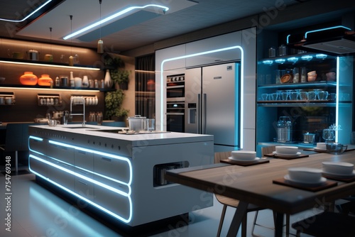 High-tech Modern kitchen interior smarthome. New cabinetry. Generate Ai