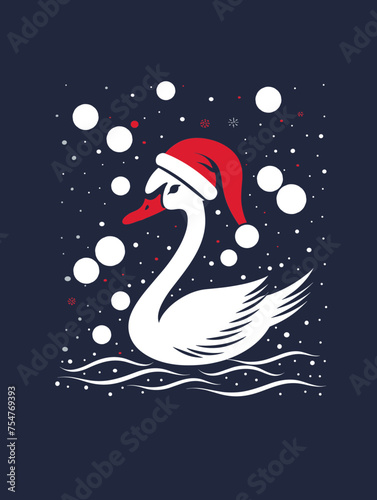Cute Christmas Swan in Santa Hat with Minimalistic Flat Illustration Style and Navy Blue Background, Svg Eps Vector File
