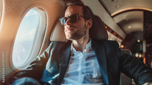 A man in a suit and sunglasses is sitting in an airplane seat