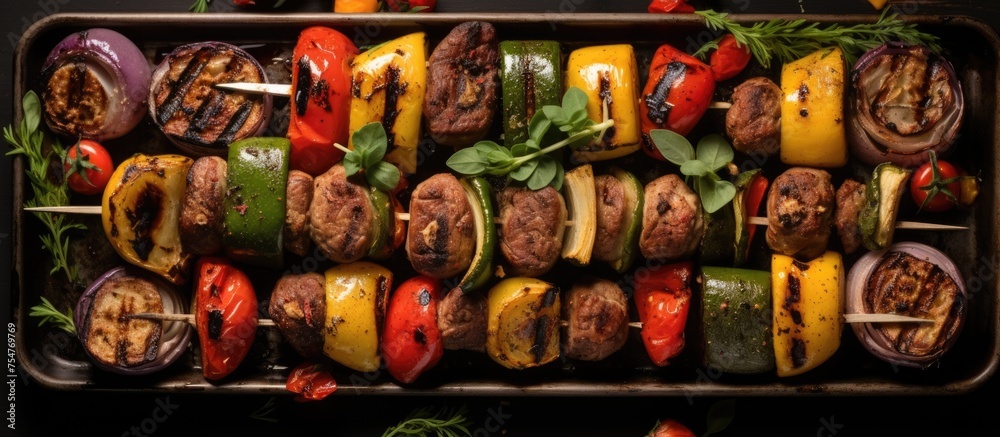 A top view of a tray brimming with a variety of foods, including herb-marinated grilled vegetable and meat skewers. The assortment of dishes showcases a mix of colors, textures, and flavors.