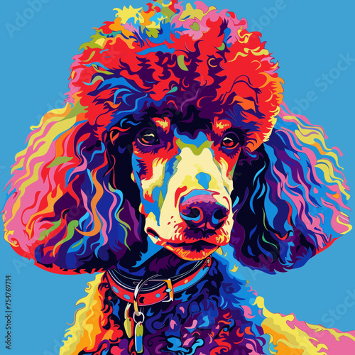 Vibrant Pop Art Poodle Portrait with Bold Colors and Blue Background