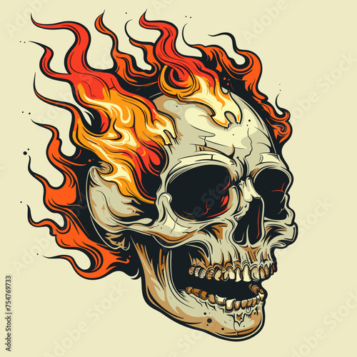Vintage Skull with Colorful Fire Illustration, Svg Eps Vector File