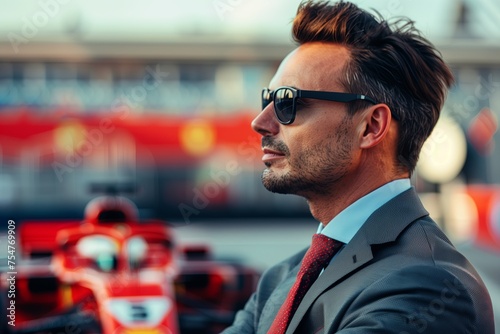 Businessman rich standing on a race of Formula 1 cars photo