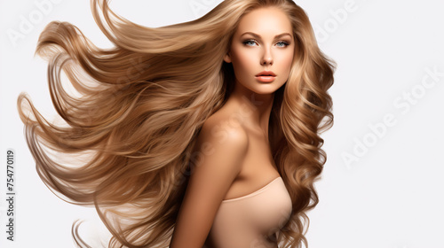 Beautiful young woman with long blond hair. Portrait of a girl with flying hair.