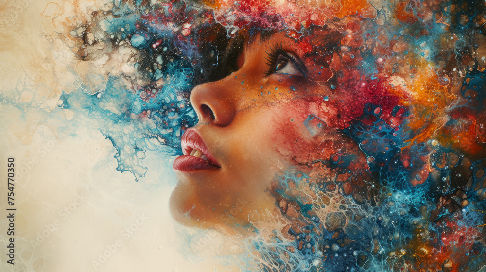 Surreal portrait of a woman with vibrant optical illusions in mixed media Surreal portrait of a woman with vibrant optical illusions in mixed media