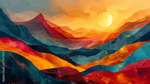 Vibrant abstract art in Regionalism style with gradient colors and sun