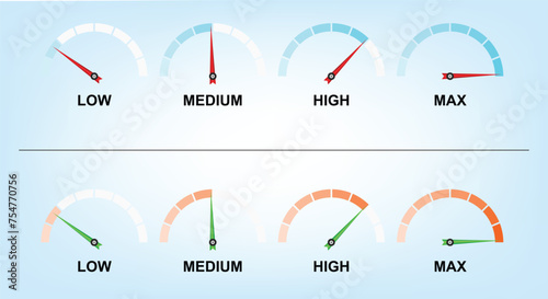 Gauge or meter indicator. Speedometer icon with red, yellow, green, purple scale and arrow. Progress performance chart. Vector illustration.
Vector Formats