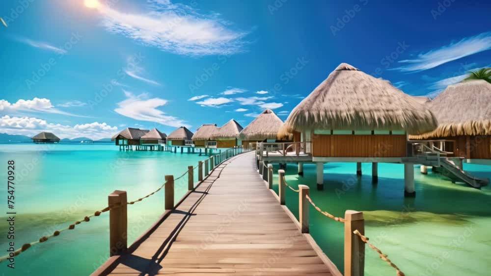 tropical beach in Maldives with few palm trees and blue lagoon, Luxury travel vacation destination panoramic banner. Romantic honeymoon getaway in overwater bungalows villas, AI Generated tropical beach in Maldives with few palm trees and blue lagoon, Luxury travel vacation destination panoramic banner. Romantic honeymoon getaway in overwater bungalows villas, AI Generated