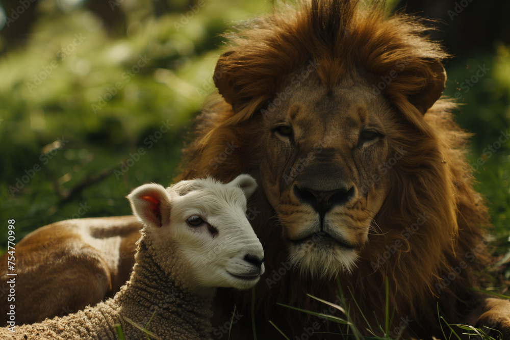 Fototapeta premium Peaceful Coexistence of Lion and Lamb in Nature.