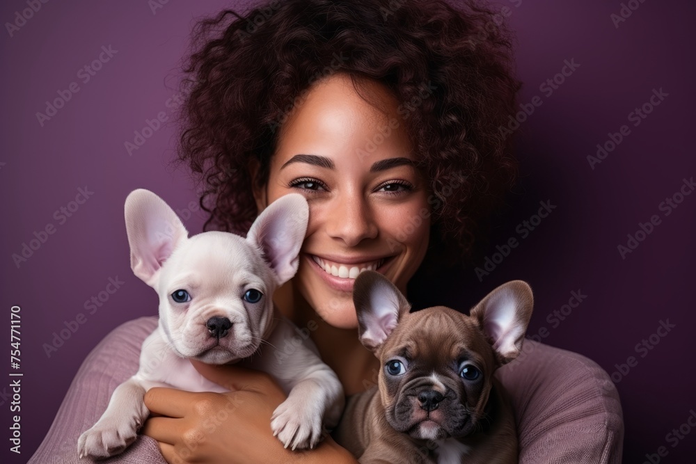 Radiant woman with afro hair cuddling adorable French bulldog puppies
