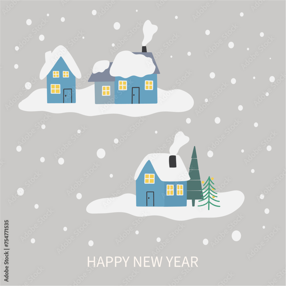 Winter holiday greeting card with a winter landscape with houses in snowy weather. Merry Christmas and Happy New Year! Hello winter! Lovely hand drawn vector design. Postcards with space for text
