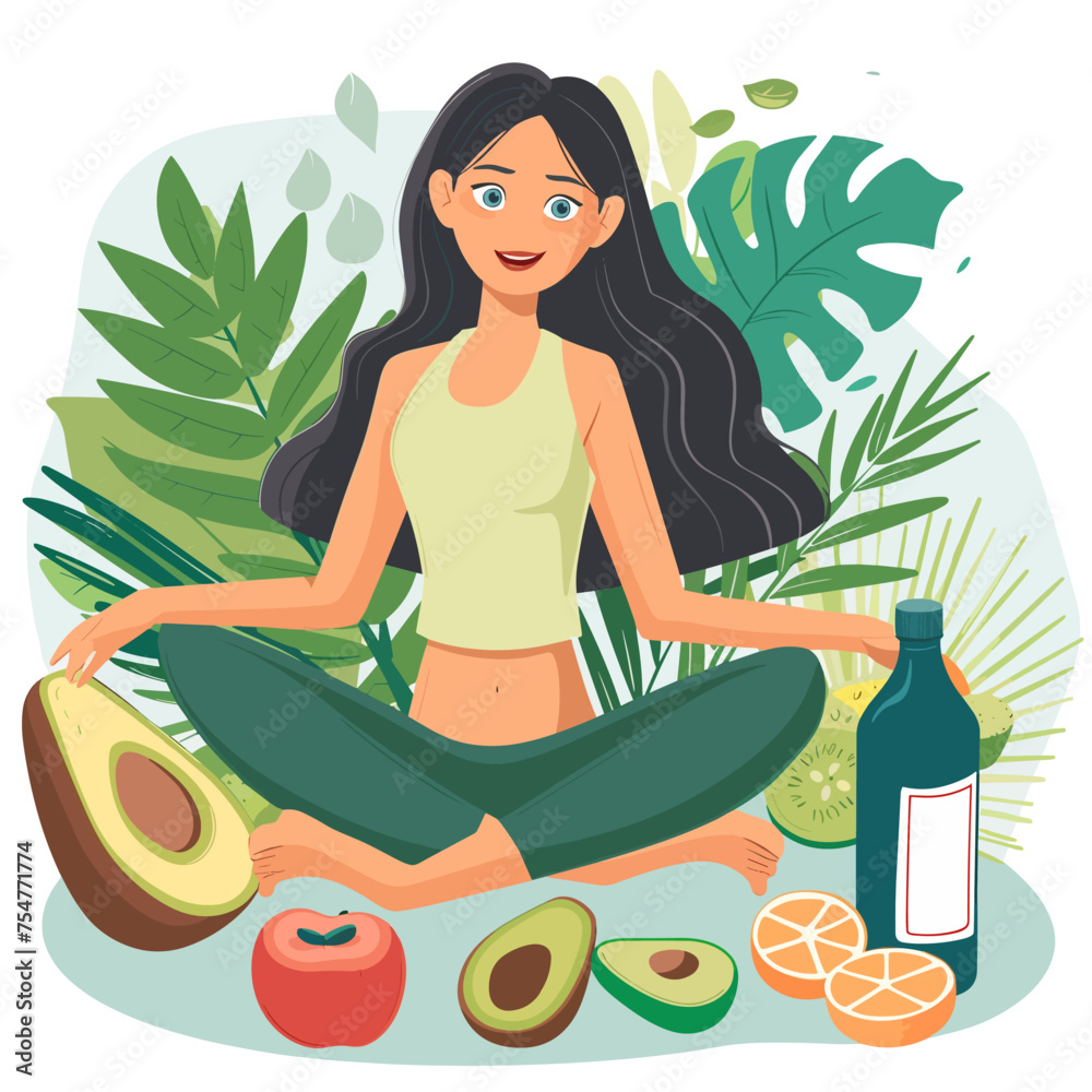 Vector illustration of a woman sitting in lotus position with fruits and vegetables