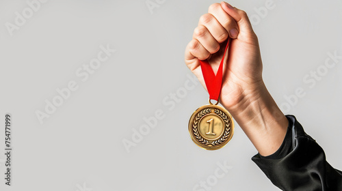 Hand holding up the 1st gold medal on a simple background. Successful and victory concept