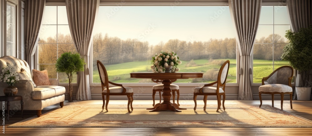 Obraz premium This painting depicts a cozy living room featuring a wooden table and chairs arranged neatly. A comfortable sofa sits on a brown carpet, complementing the hardwood floor. The room is illuminated by a