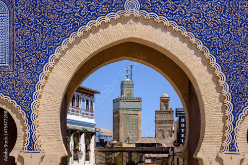 Bab Bou Jeloud Gate and minaret of Bou Inania madrasa, 1913, Medina Fez el-Bali, Fez, morocco, africa
