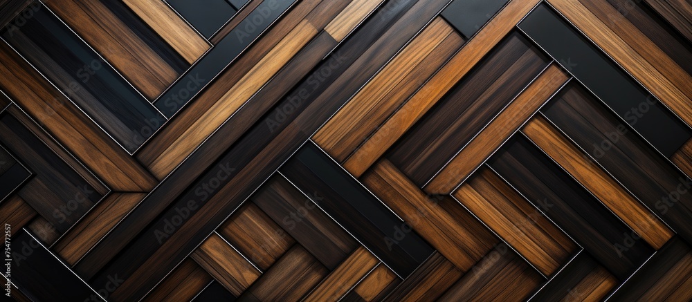 A wooden wall adorned with a striking geometric pattern featuring contrasting black and brown lines, exuding a timeless and classic aesthetic.