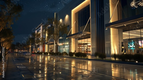 Shopping Mall Building Exterior view at night. 3d render  3d building  home exterior  mosque  shool  image AI  footbol stadion.