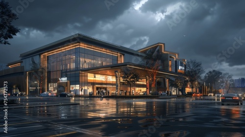 Shopping Mall Building Exterior view at night. 3d render, 3d building, home exterior, mosque, shool, image AI, footbol stadion.