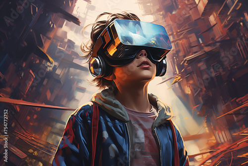 Cute boy wearing virtual reality glasses on abstract background