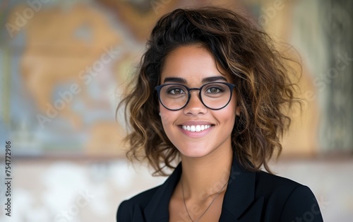 A multiracial woman wearing glasses smiles directly at the camera