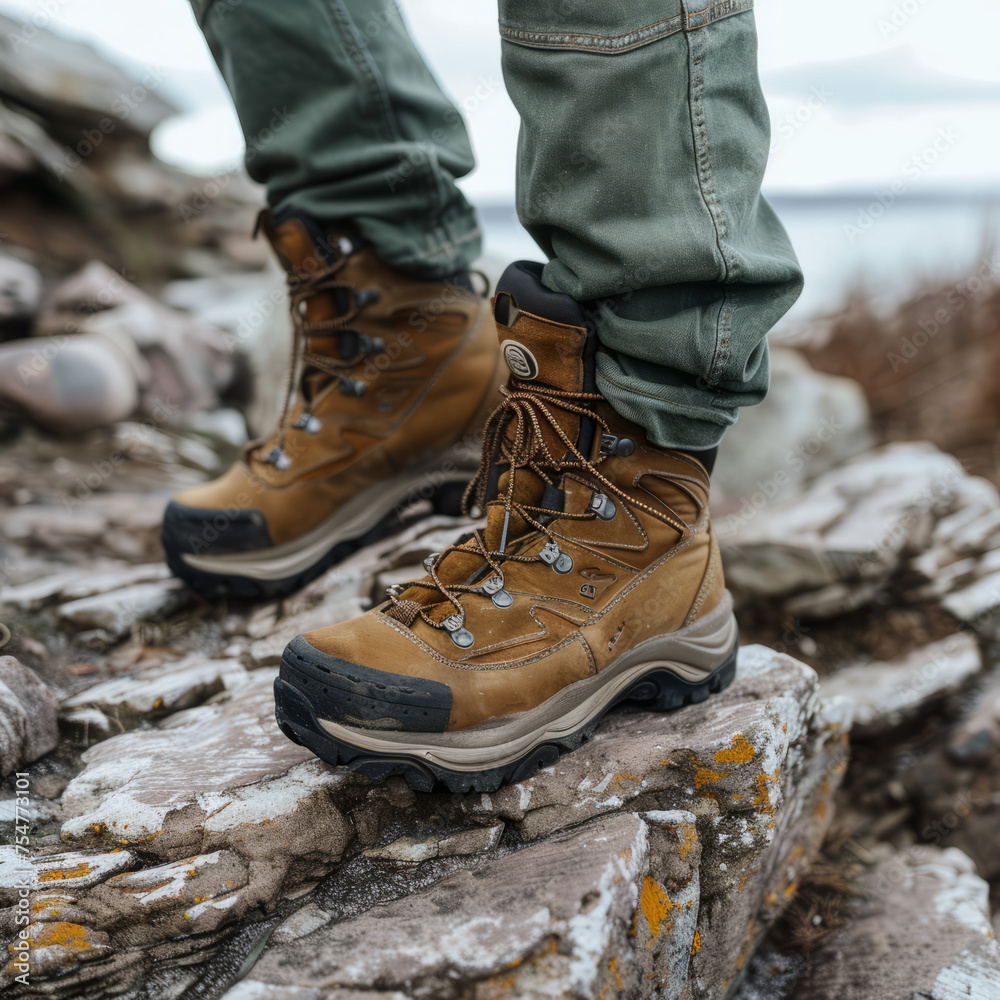 Detailed image of durable hiking boots being worn by a person standing on a rocky coast with water in the background