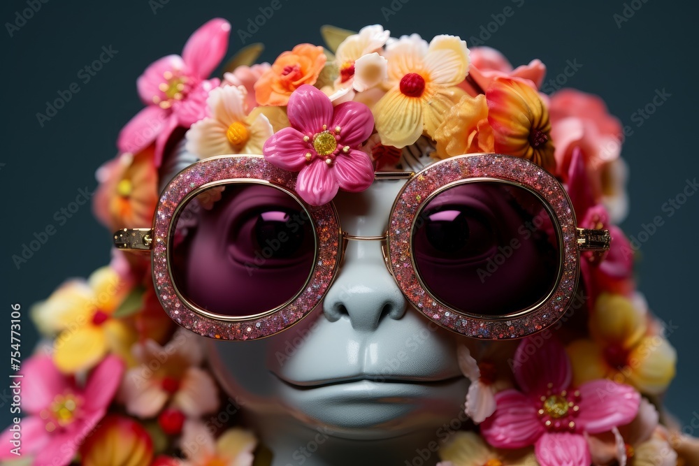 Tropical Monkey summer flowers. Floral child. Generate Ai