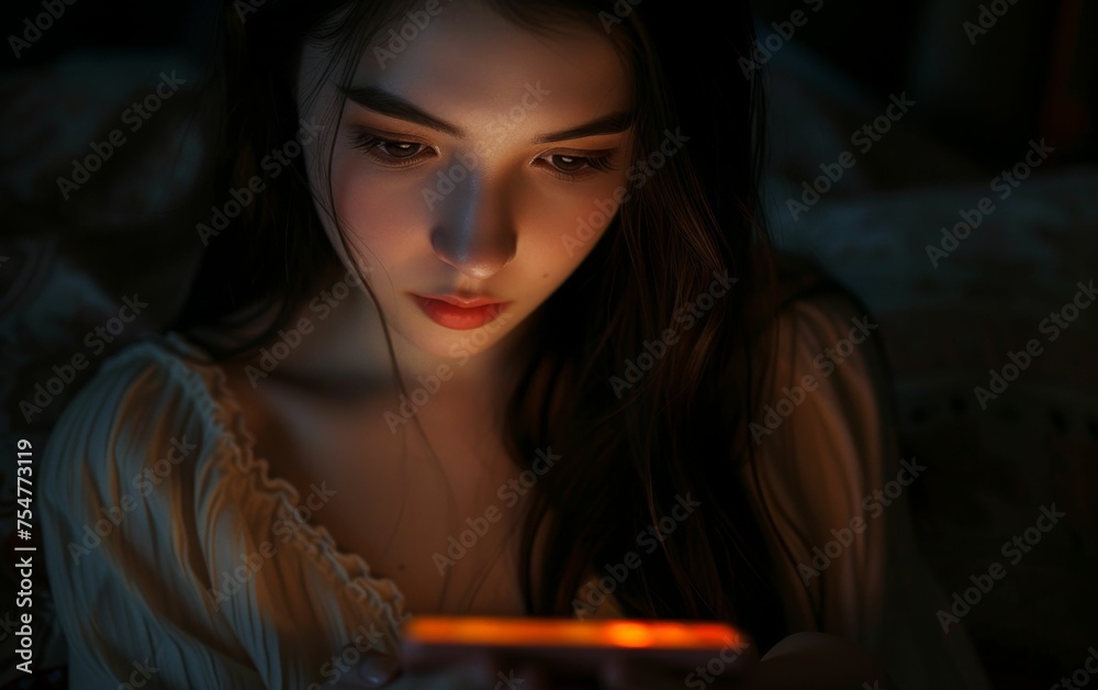 A multiracial woman is focused on her phone screen in the dark, illuminated by the devices light