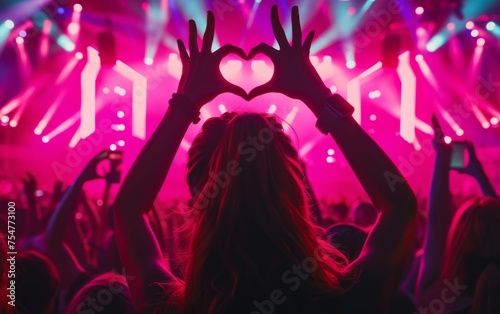 A diverse crowd of people is enthusiastically cheering with their hands in the air at a lively concert event