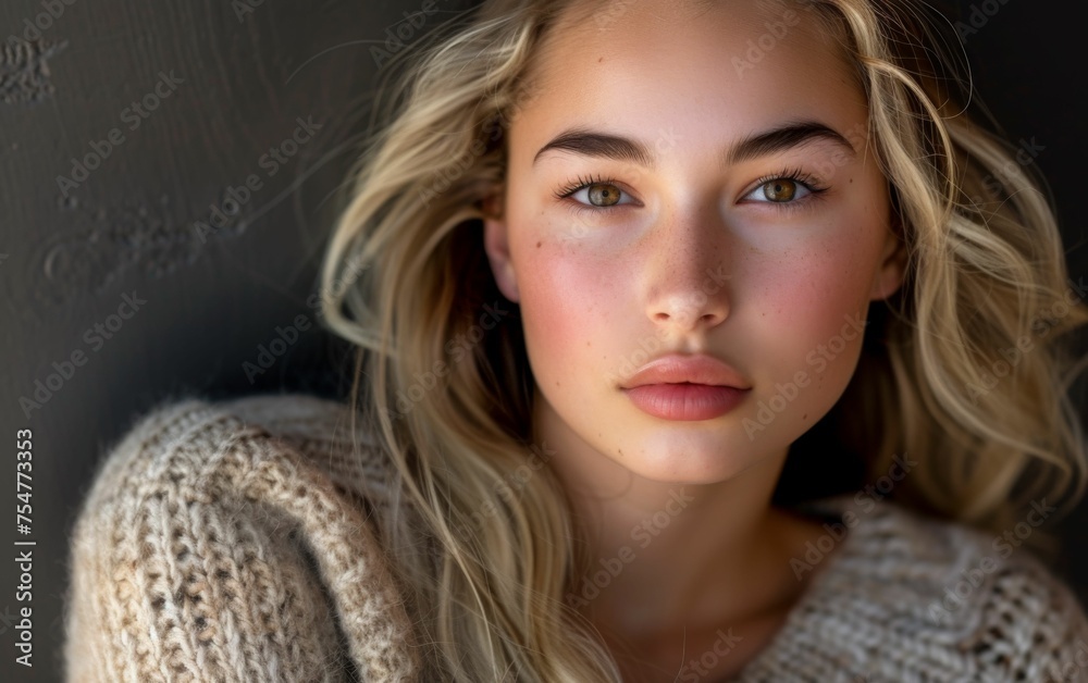 Naklejka premium A multiracial woman with blonde hair wearing a cozy sweater