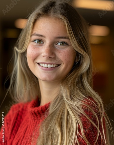 A multiracial woman wearing a red sweater is smiling warmly