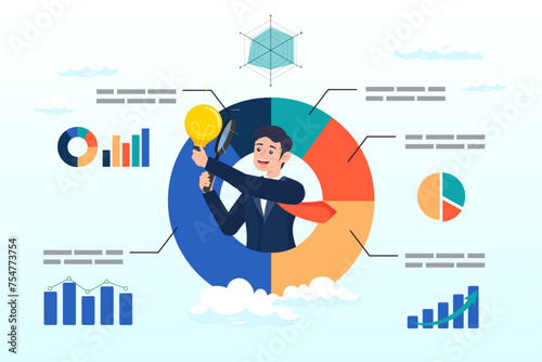 Businessman analyse data with lightbulb, data scientist analyse data for business insight, intelligence information on marketing research, analytics visualisation dashboard, chart and graph (Vector)