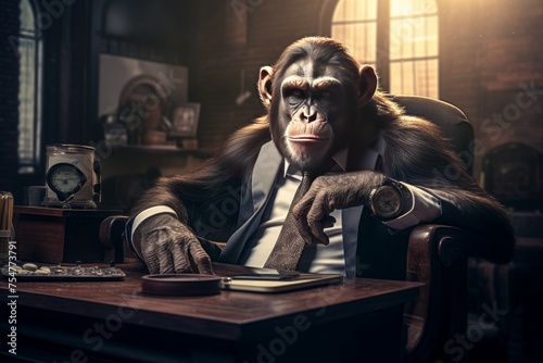 Curious Monkey sitting office. Urban fun. Generate Ai
