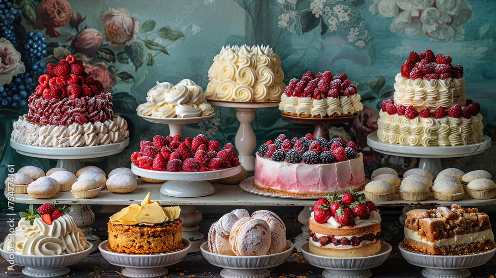 Assorted fresh pastries and fruit tarts elegantly displayed on wooden stands.