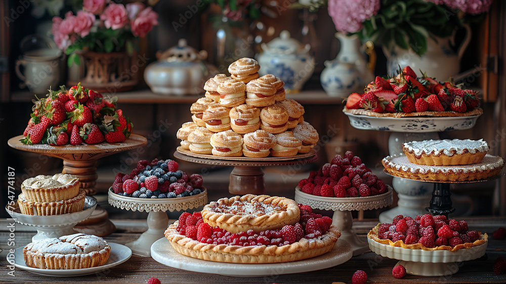 Assorted fresh pastries and fruit tarts on elegant wooden stands