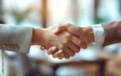 A close-up view of two multiracial individuals confidently shaking hands in greeting or agreement