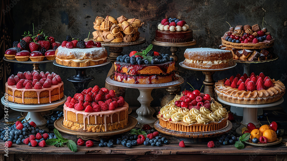 Fresh pastries and assorted fruit tarts catching the eye on graceful wooden stands.