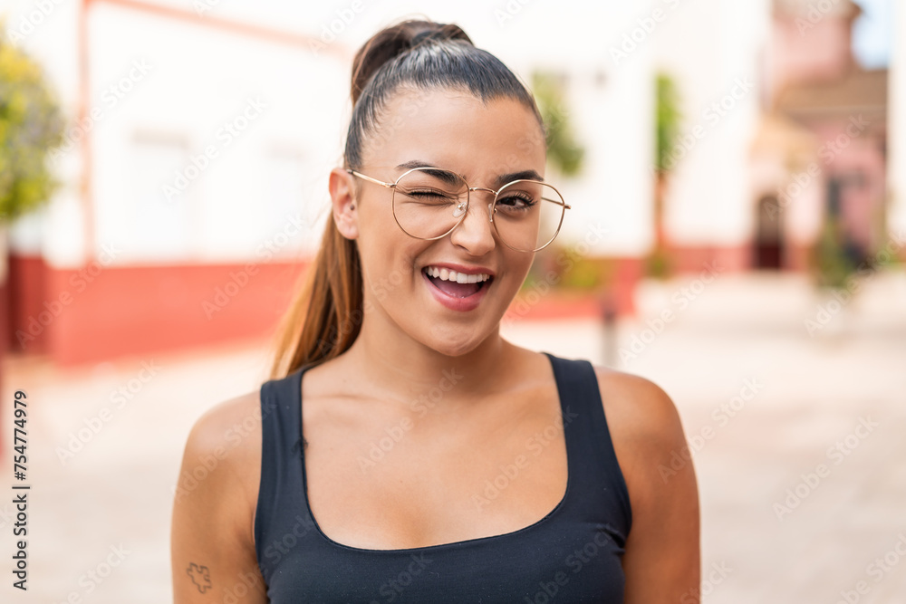 Young pretty woman at outdoors With glasses and happy expression