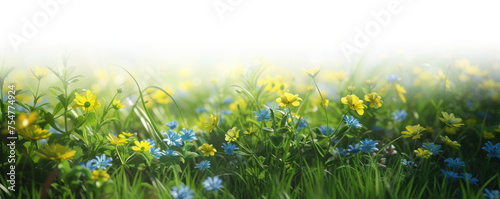 Spring green grass with yellow flowers with gradient effect design, isolated on white and transparent background, png
