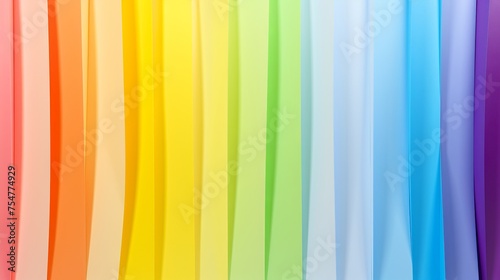 Vertical rainbow-colored strip waves form an abstract background, adding vibrancy and movement to the composition.