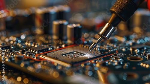 close up of a electronic circuit board, repair of a computer, close up of a computer board soldering with soldering iron by technician photo
