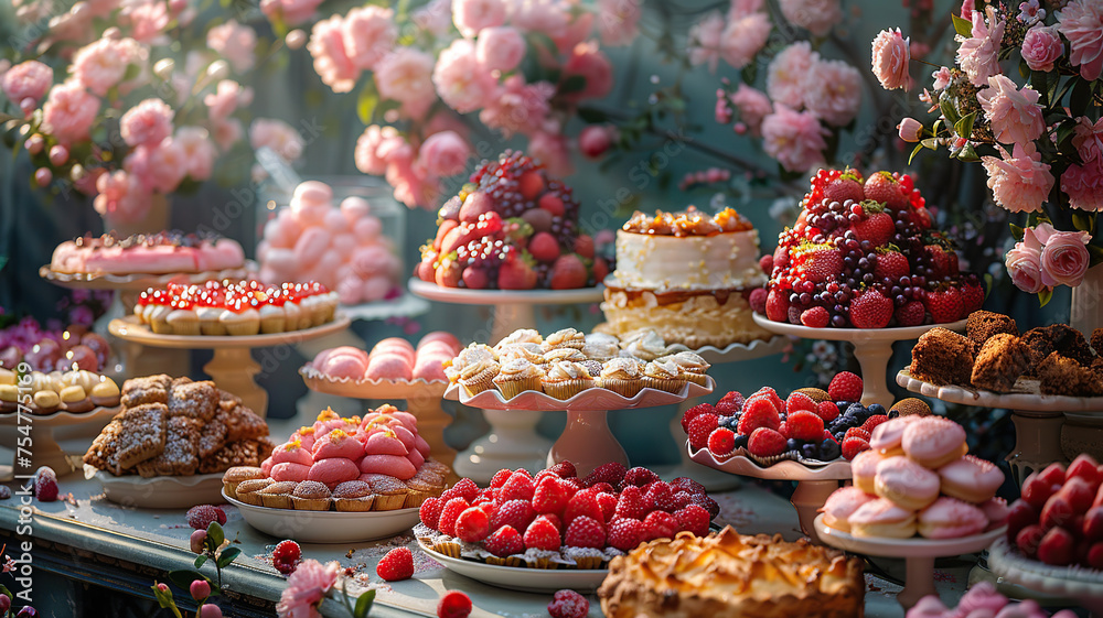 Diverse selections of fresh pastries and delicious fruit tarts presented on beautiful wooden stands.