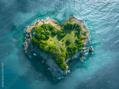 A heart-shaped island with a forest in the middle, surrounded by blue water.