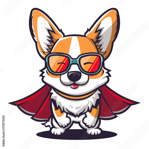 Cartoon Corgi dog wearing red cloak and sunglasses Vector illustration