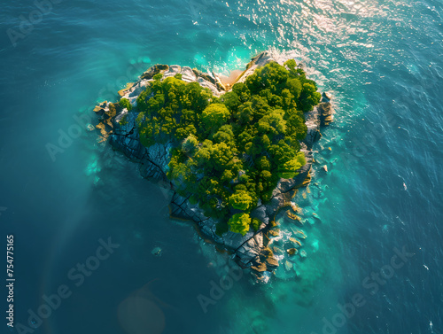 A heart-shaped island with a forest in the middle, surrounded by blue water. © wing