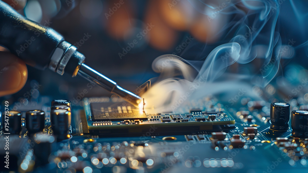 close up of a electronic circuit board, repair of a computer, close up of a computer board soldering with soldering iron by technician - obrazy, fototapety, plakaty 