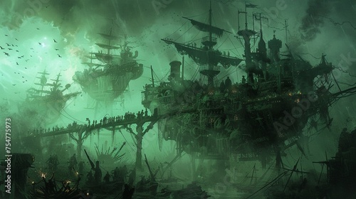Digital painting of The necromancer raises an army of undead in the swamp map spreading fear.