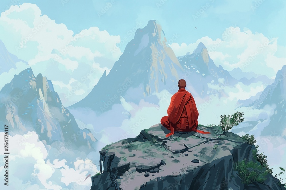 Digital painting of The monk meditates atop the mountain range map seeking enlightenment.in the cartoonish character design style with high resolution