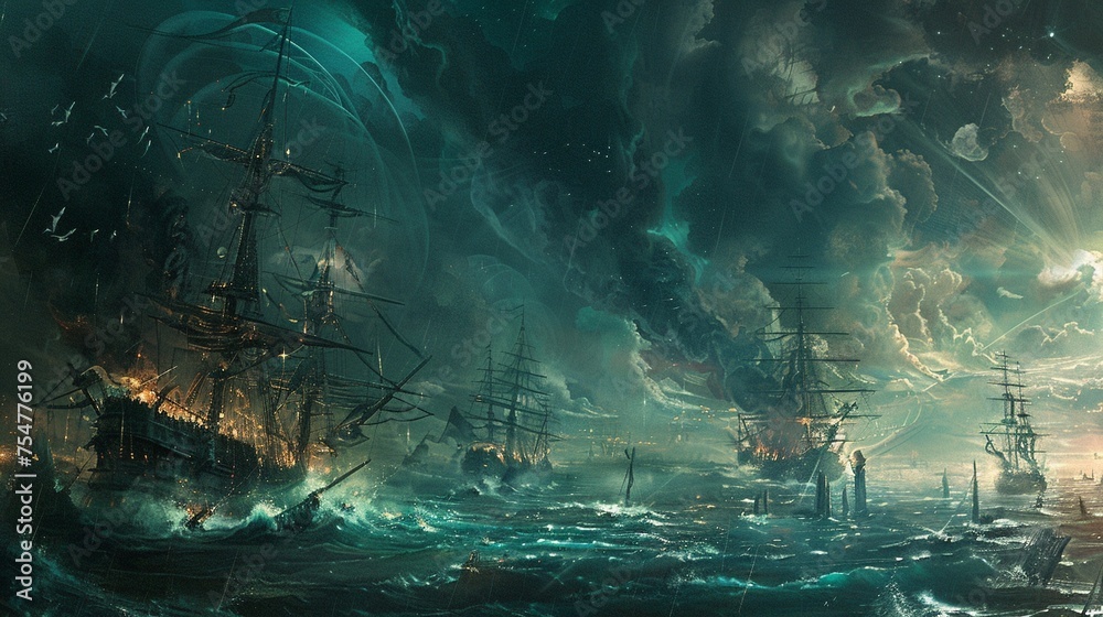 Digital painting of The sorcerer manipulates the sea map conjuring storms to deter enemy ships. - obrazy, fototapety, plakaty 
