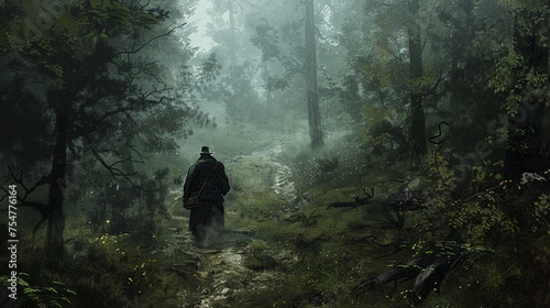 Digital painting of The ranger traverses the forest map tracking elusive prey.in the cartoonish character design style with high resolution photo