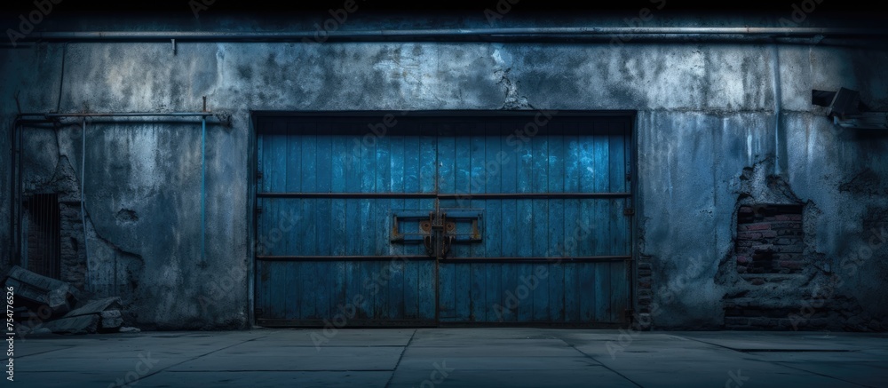 A dark room illuminated by faint light seeping through the cracks, featuring a blue iron door against a weathered brick wall. The stark contrast between the blue door and the textured brick creates a
